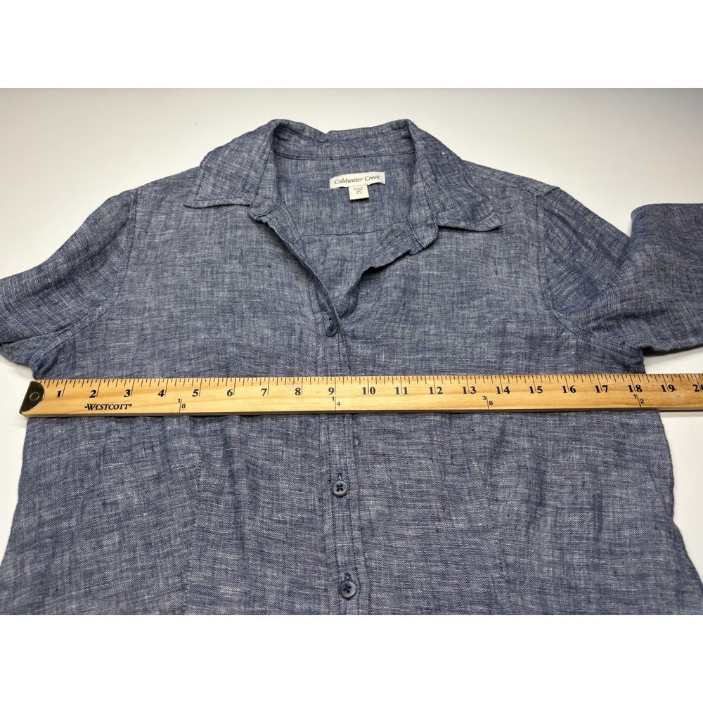 Coldwater Creek Blouse S Blue Linen Button Up 3/4 Sleeves - Picture 5 of 7